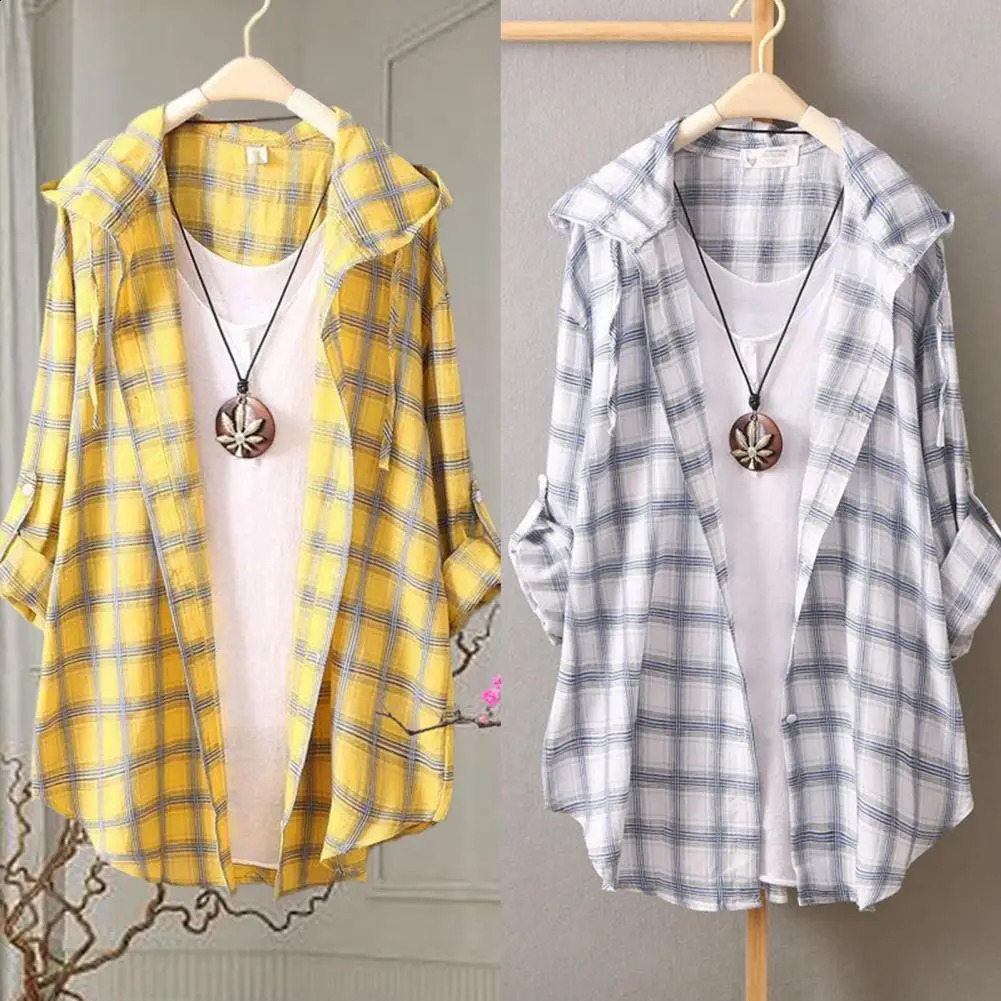 Hooded Roll-up Sleeve Sun Protection Women Cardigan Summer Open Front Plaid Printed Sunscreen Shirt Female Clothing 240823