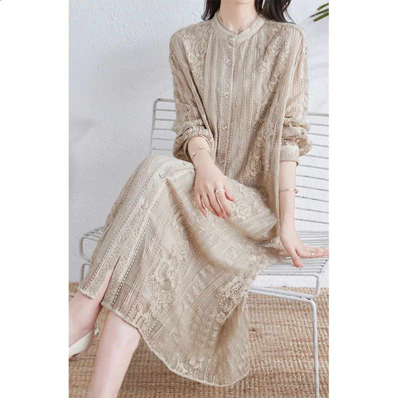 Real Silk Mulberry Silk Midi Dress for Women Wrist Sleeve Single Breasted Base Soft Dress Chinese Style Summer 240824
