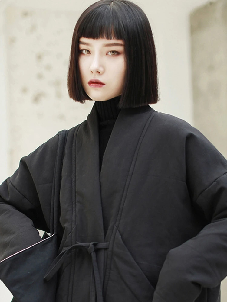 EAM Spring Vneck Long Sleeve Black Loose Short Bandage Cotton Pad Large Size Coat Womens Fashion JK133 240823