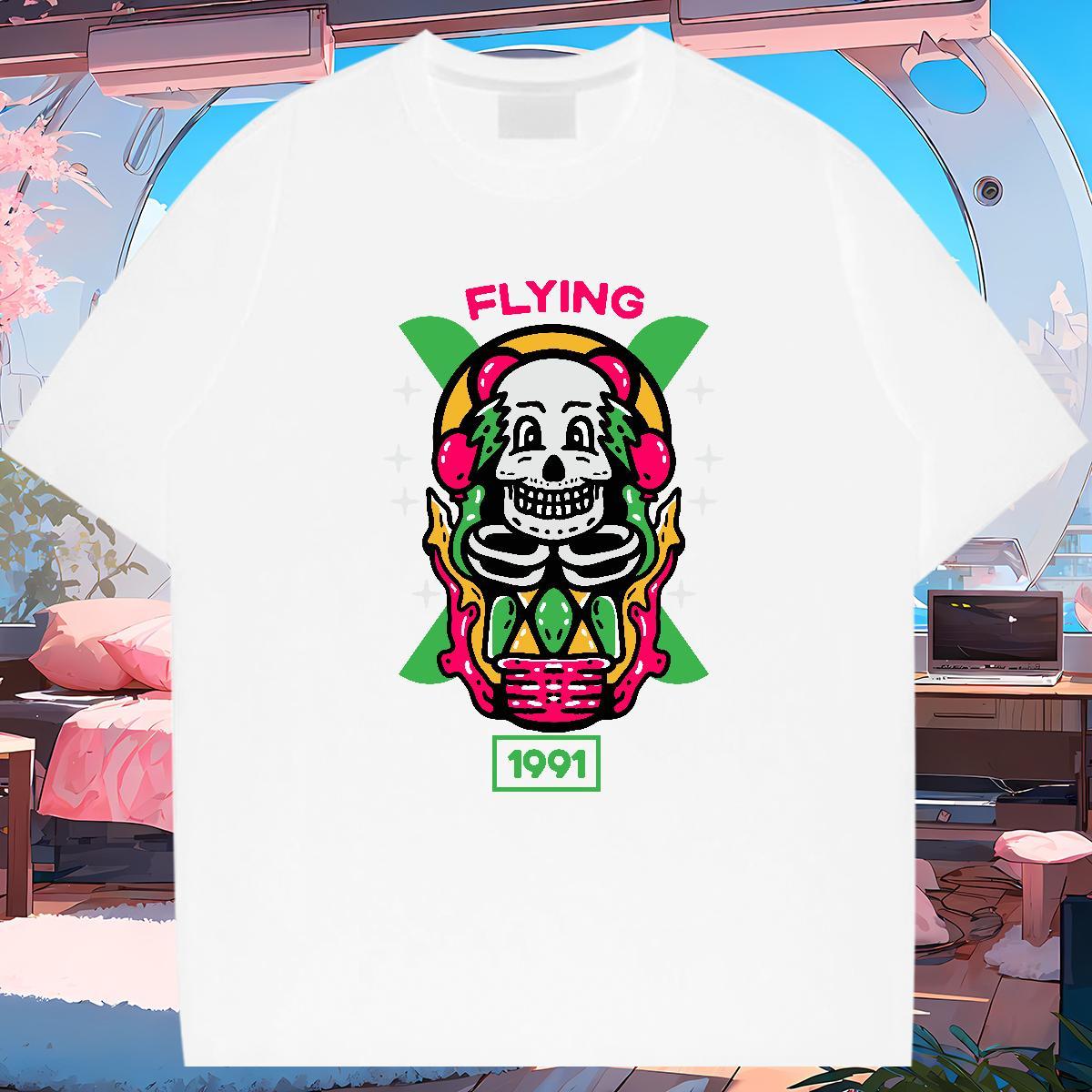High Quality T Shirts Men 230g Pure Cotton skull Street Wear Black White Round Neck Short Sleeve Men Clothes T-Shirt Fashion Tops
