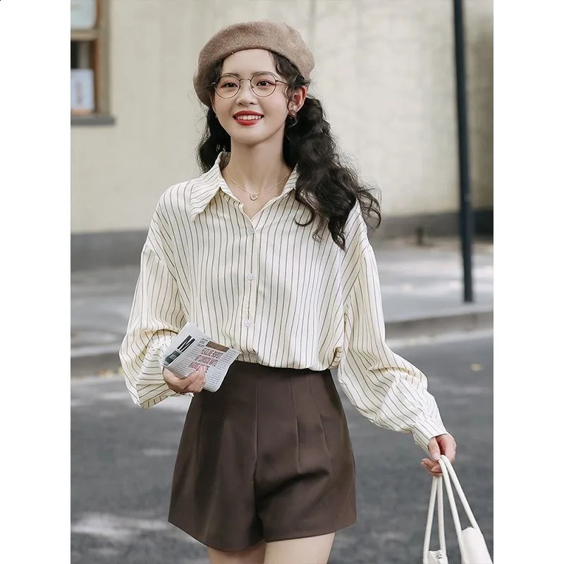 White Elegant Social Womens Shirt Spring and Summer Striped Long Sleeved Shirt Womens Commuting Professional Shirt 240823