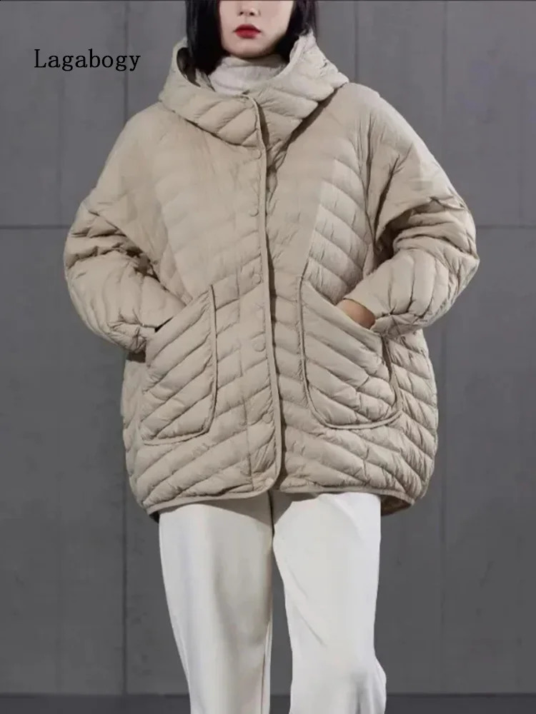 Lagabogy Winter Ultra Light Inflatable Jacket Womens 90% White Duck Down Loose Hooded Leisure Park Windproof Basic Coat 240823