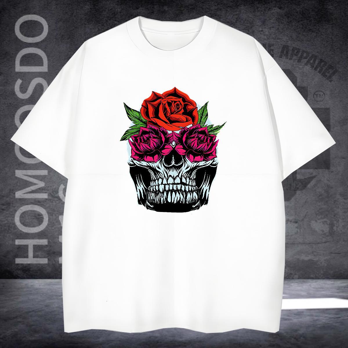 Unisex T-Shirts for Men 230g Pure Cotton skull Street Casual Floral Print Breathable Short Sleeve Men Tshirts Customized Tops