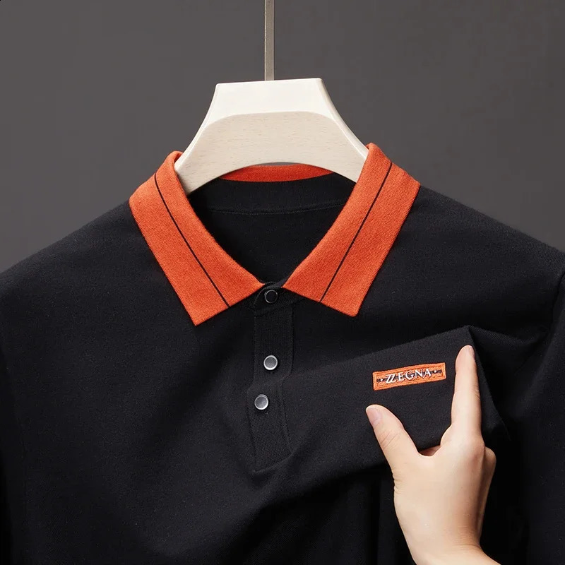 Spring and autumn retro contrast color lapel T-shirt mens business casual long-sleeved all-match polo shirt 240824