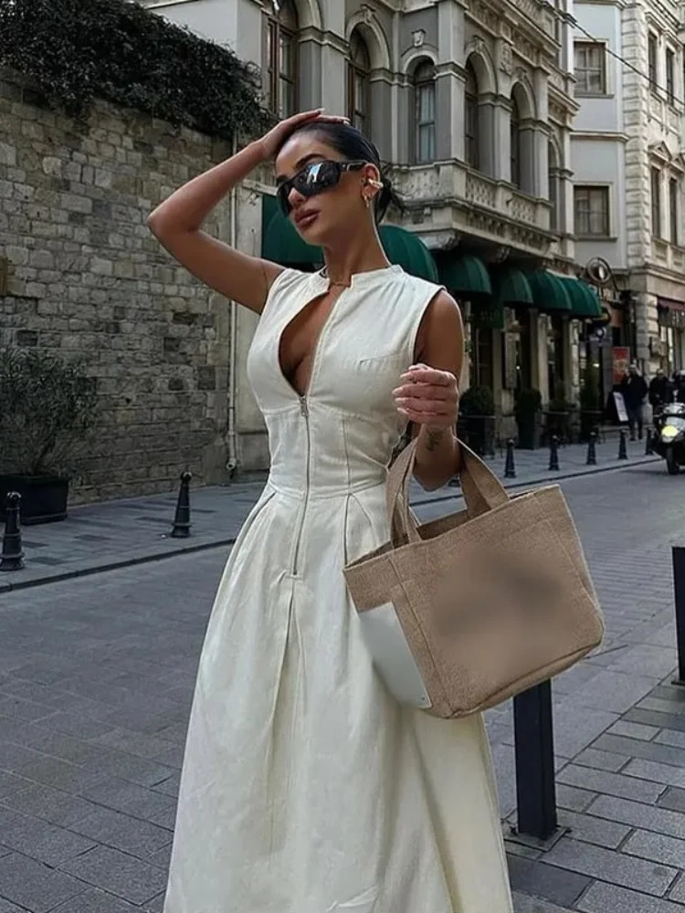 Fashion Sleeveless High Waist Zipper Maxi Dress Women Elegant o Neck Bodycon Vestidos Summer Office Ladies Party Robes