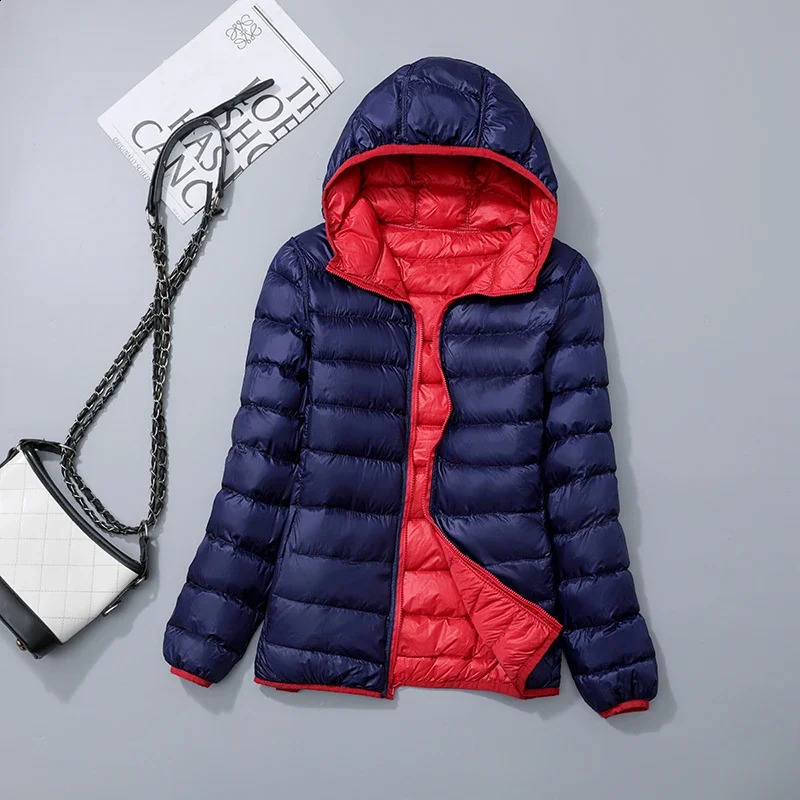 Double sided womens hooded short sleeved down jacket Arrivals Plus size ultra light packaging 240823