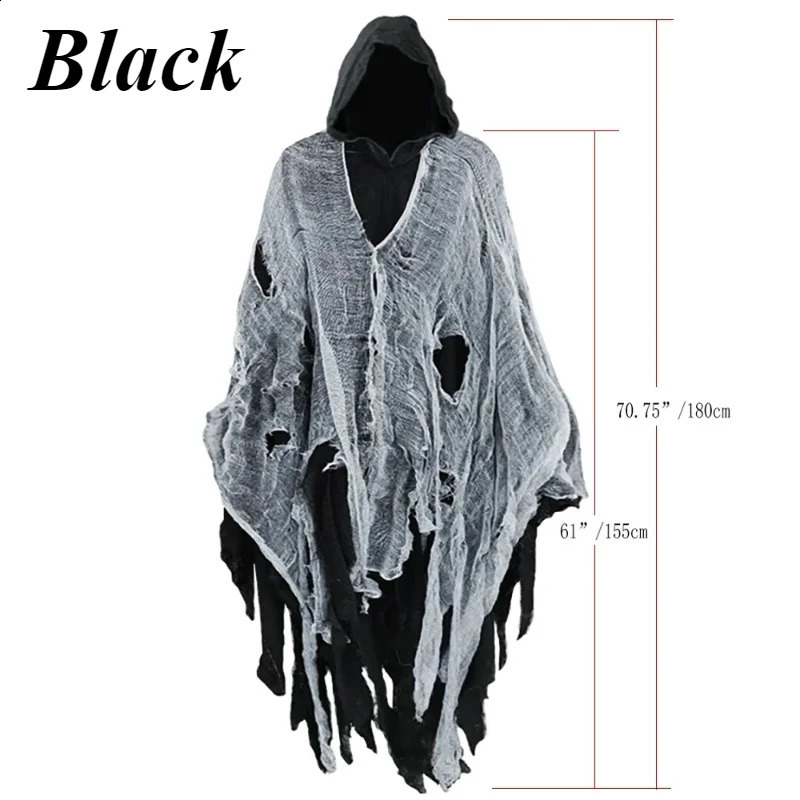Halloween Ghost Dementor Role Playing Death Costume Gothic Horror Zombie Tattoo Hooded Death Party Prop Cloak 240824