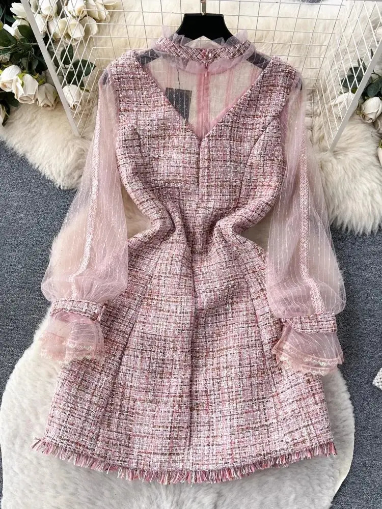 Sweet s Small Fragrance Mesh Stitching Taasels Tweed Dress Womens Stand Long Petal Sleeve Bow Beading Chic Short Vestidos 240824