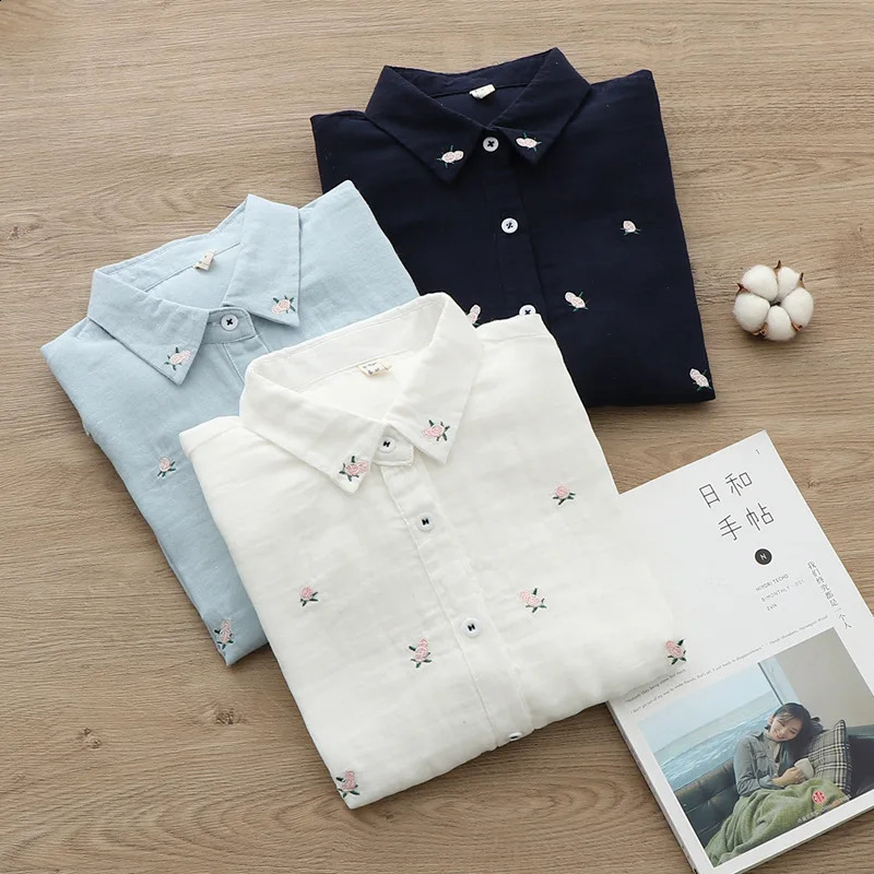 Spring Autumn Fresh Cotton Yarn Ladies Long Sleeve Shirt Flower Embroidered Womens Casual Shirt Female Blouse Clothes 240823