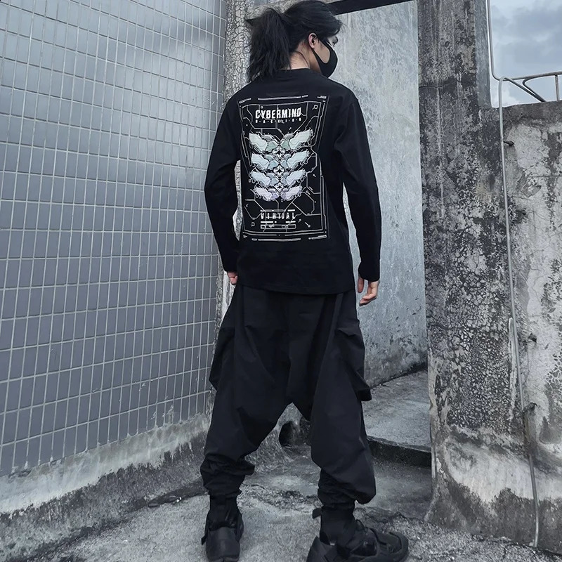 SpringAutumn Mens Punk Style Techwear Tshirt Y2K Technology Geometric Printed Long Sleeve Top Camisetas 240823