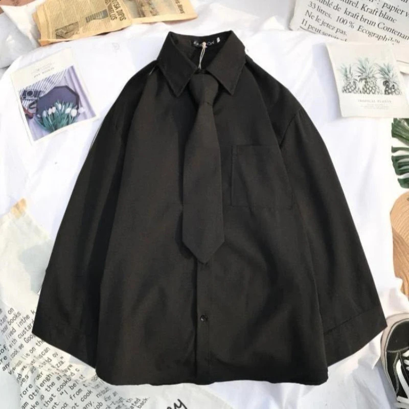 Zoki Autumn Women Shirt JK White Black Long Sleeve Loose Student Shirts Turn Down Collar Tie Casual Fashion Pocket Tops 240823