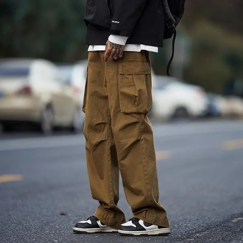 Mens cargo pants brown mens Trouser multi pocket wide straight large size n conventional suitable for aesthetic expressions 240823