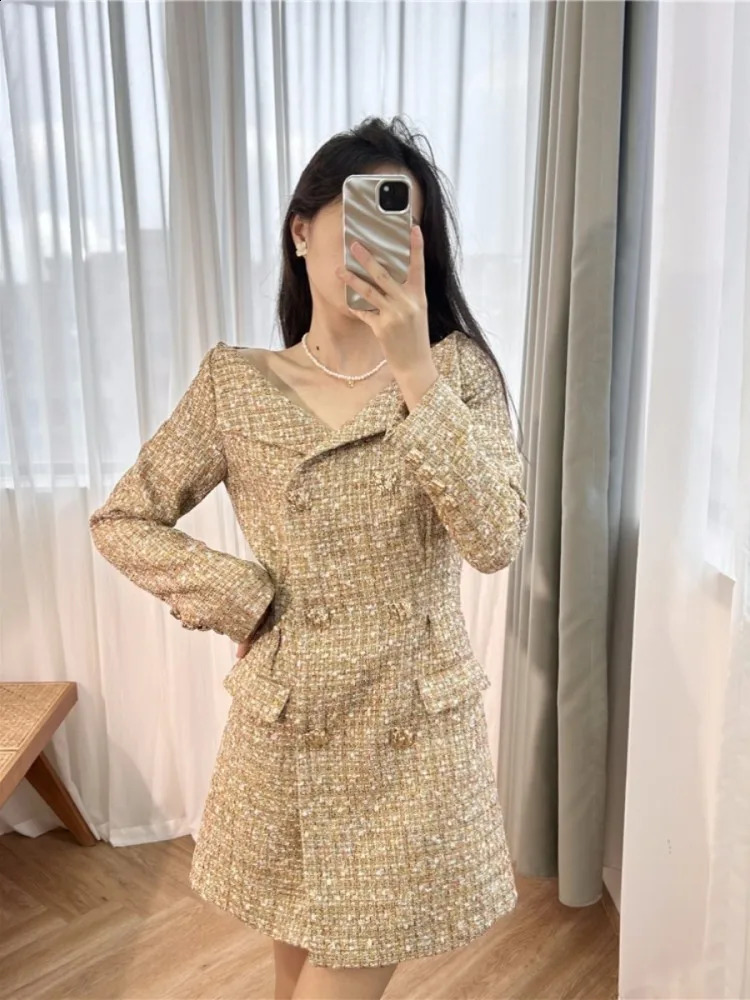 Autumn Elegant Women Slash Neck Double Breasted Tweed Dress Vintage Office Ladies Work Party Slim Waist Long Sleeve Mini Dresses 240824