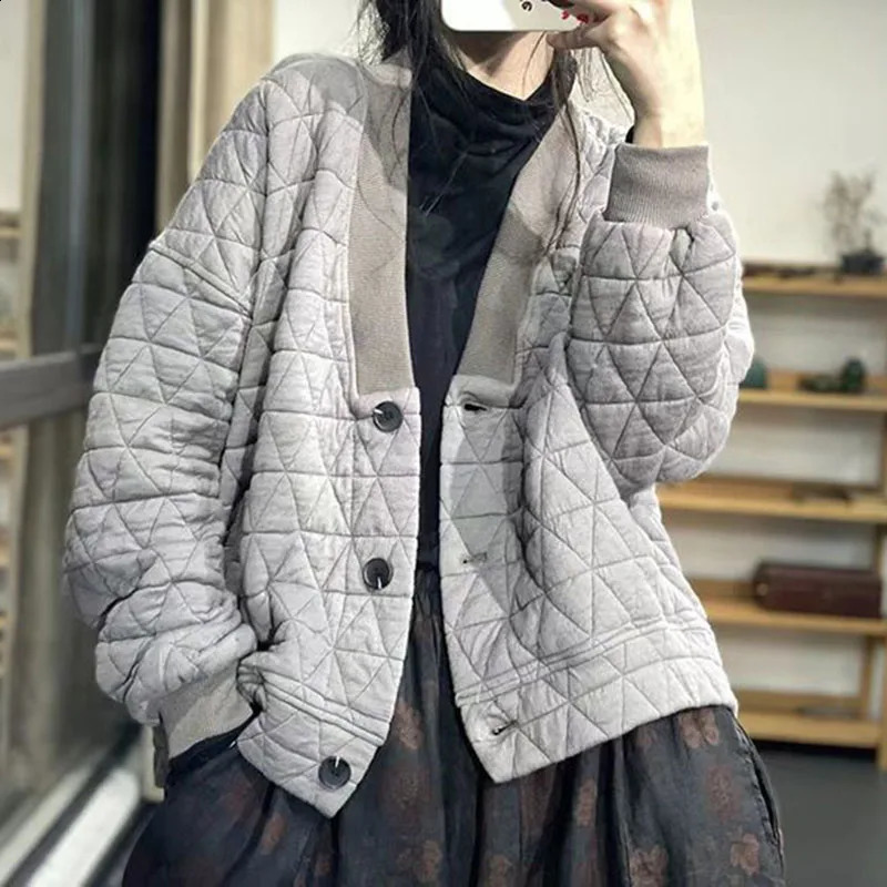 Autumn and Winter Retro Comfortable Versatile Diamond Grid Light Cotton Short Loose Womens Park Down Jacket Warm Coat 240823