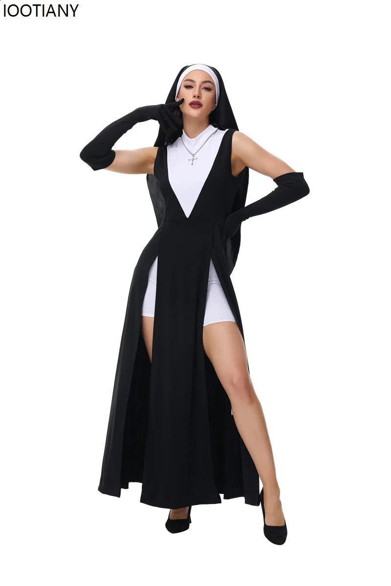 Womens sexy Nun roleplaying costumes and headwear Halloween adult stage display dress up theme party makeup fancy 240823