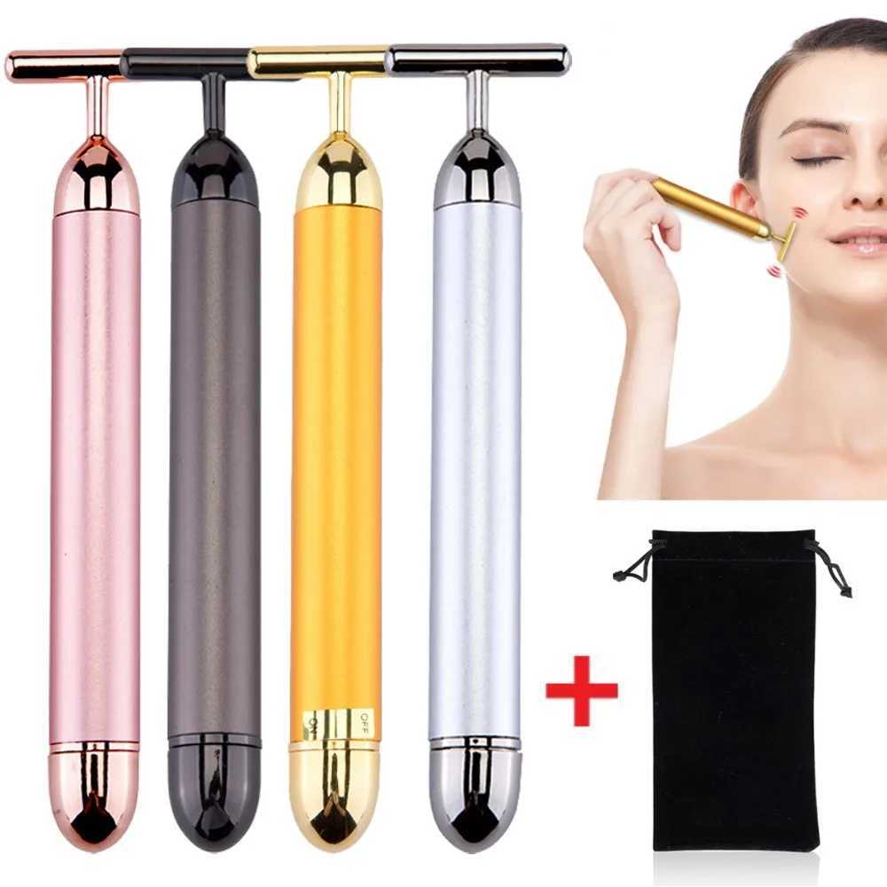 24k Gold Face Lift Bar Roller Vibration Slimming Massager Facial Stick Facial Beauty Skin Care T Shaped Vibrating Tool with Bag CL240824