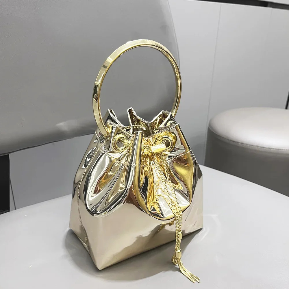 Gold Silver Rose red Glossy Drawstring Bucket Bag For Women Fashion Round Circle Pu Handbags Wedding Party Clutch Shoulder Bag 240823