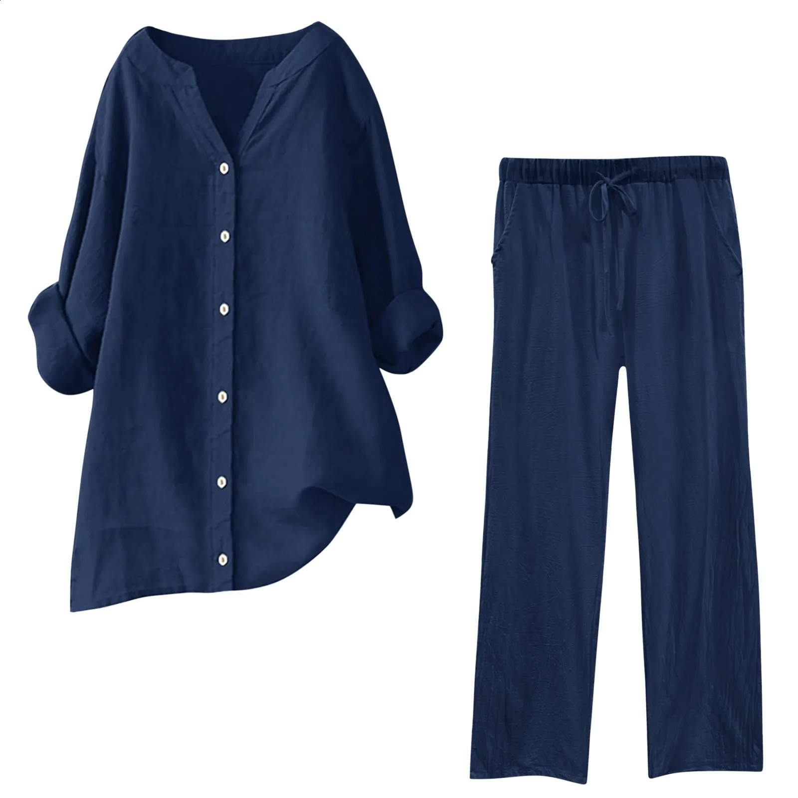 Womens solid single chest shirt 2piece set casual Vneck long sleeved toppants chic high waisted Trouser street 240823