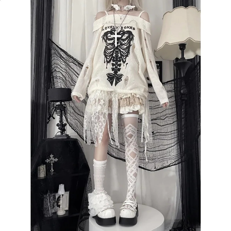 Deeptown Gothic Y2k Women Sweater Off Shoulder Pullovers Harajuku Anime Graphic Knitwear Hollow Out Kint Spring Oversize Jumper 240824