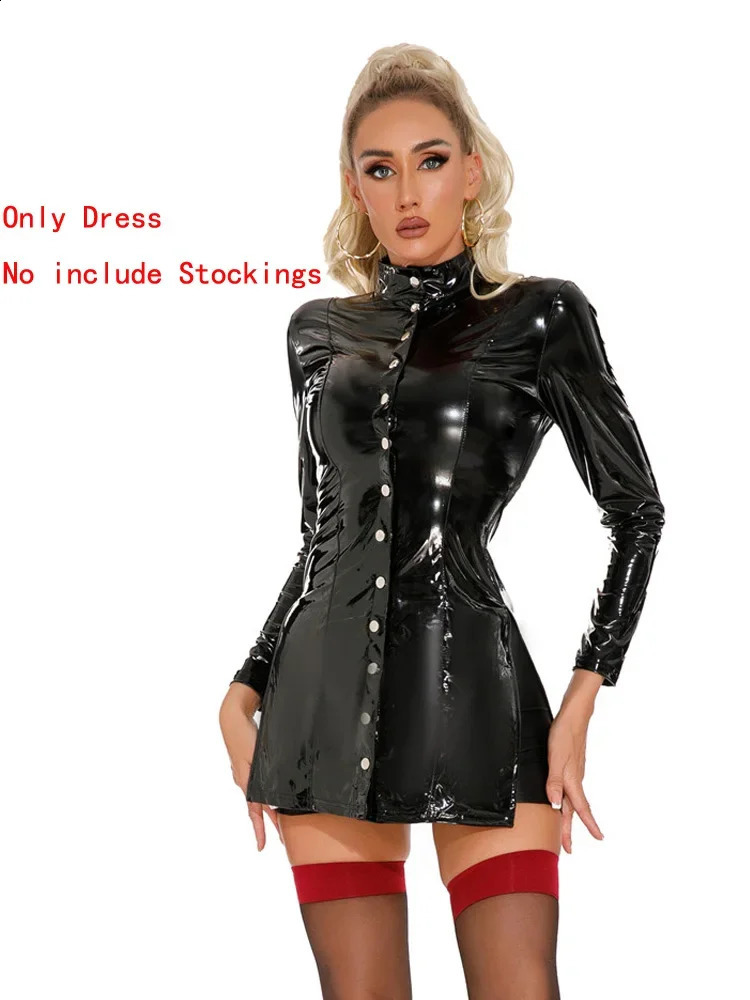 PU Faux Leather Womens Dress Shiny Oil Glossy Tight OL Dress Female Elastic High Cut Long Sleeve Sexy Shows Costume Dress 240823