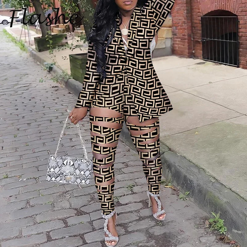 Plus Size Women Two Piece Set Turn Down Collar Vintage Print Autumn Long Sleeve Jacket Blazer Slim Hollow Out Pants Suit 240823