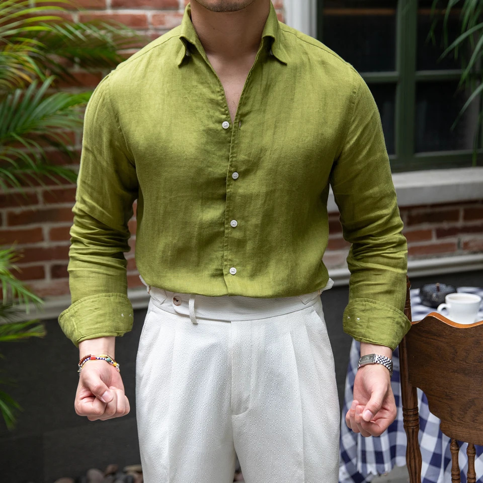 Italian mens summer 100% linen single neck long sleeved breathable casual thin shirt 240823