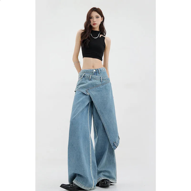 Womens blue Y2k low rise patch work denim bag Harajuku Trouser jeans retro 90s aesthetics 2000s clothing 240823