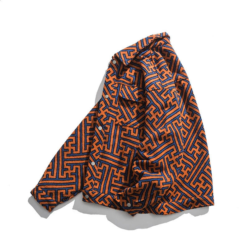 Retro Varsity Jacket Men Autumn Streetwear Color Matching Full Print Labyrinth Pattern Tooling Windbreaker Bomber Jackets 240823