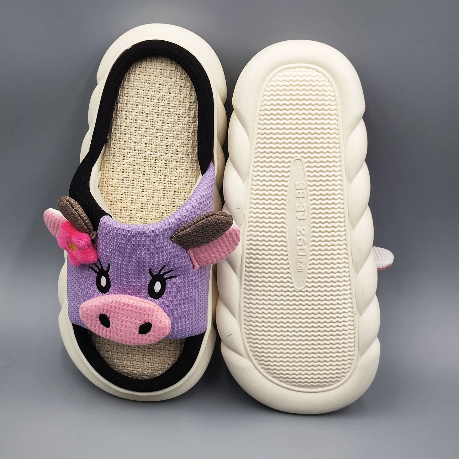Fashion designer cartoon cute cow linen slippers soft comfortable soles indoor home use waterproof platform non-slip thick-soled sandals outdoor Summe