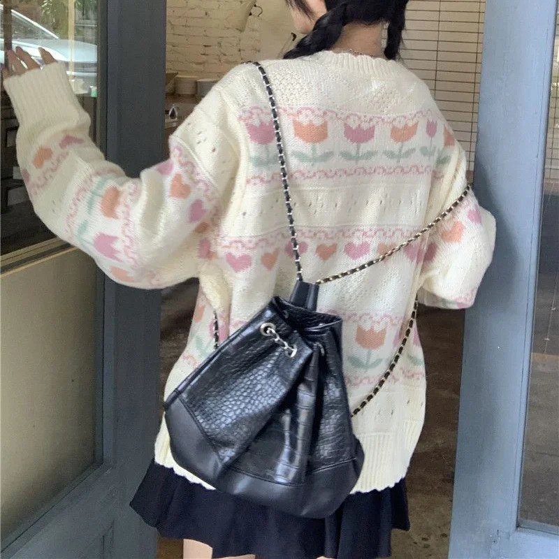 Rimocy Sweet Flower Knit Cardigan Women Autumn Winter Single-Breasted Warm Sweaters for Woman Korean Style Long Sleeve Cardigans 240814