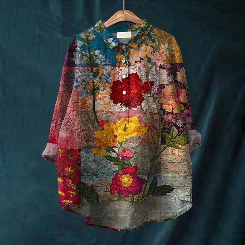 Summer Womens Retro Colorful Hen Art Long Sleeve Pocket Shirt Hawaiian Style Printed Vneck Top 240823