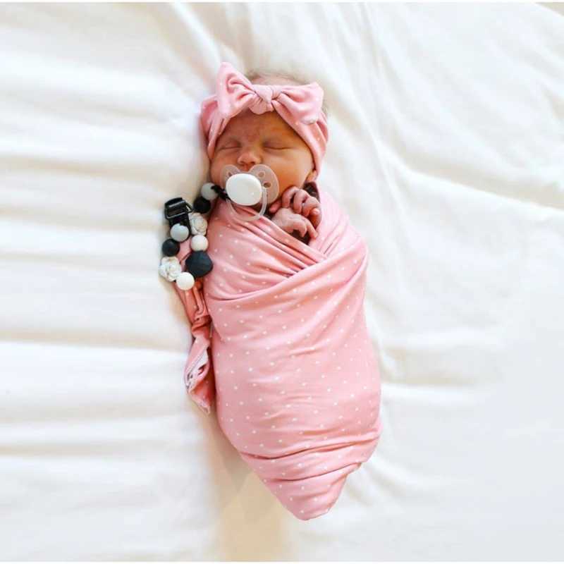 Newborn Receiving Blanket Bowknot Headband Set Baby Infant Cotton Sleeping Bag Swaddle Wrap Hairband M240824