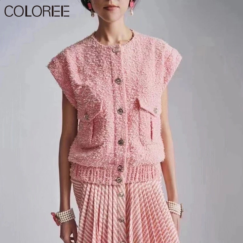 Autumn Winter Women Knitted Vest Top Runway er Elegant Pink Oversized Tweed Vest Loose Sleeveless Jacket Coat Outwear 240823