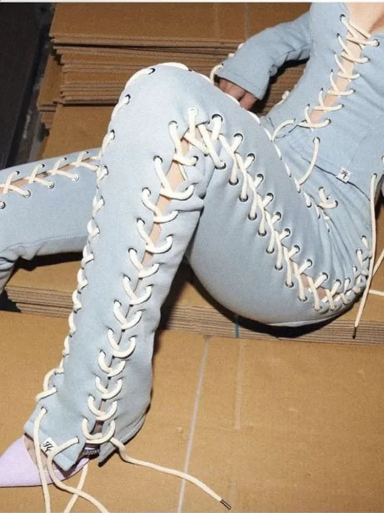 Knitted Slit Hollow Women Pants High Waist Lace Up See Through Streetpant Femme Solid Slim Fashion Streetwear Pant Ladies Sexy 240823