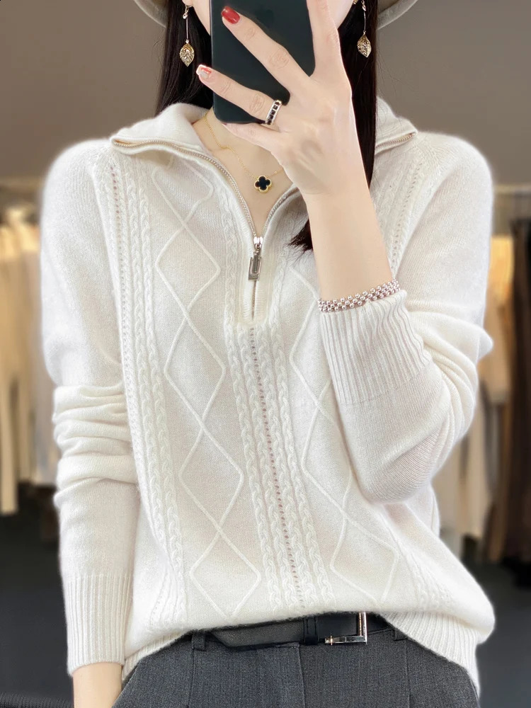 Autumn Winter Women Zipper Pullover Cable Knit Turn Down Collar Cashmere Sweater Casual Style 100% Merino Wool Knitwear 240824