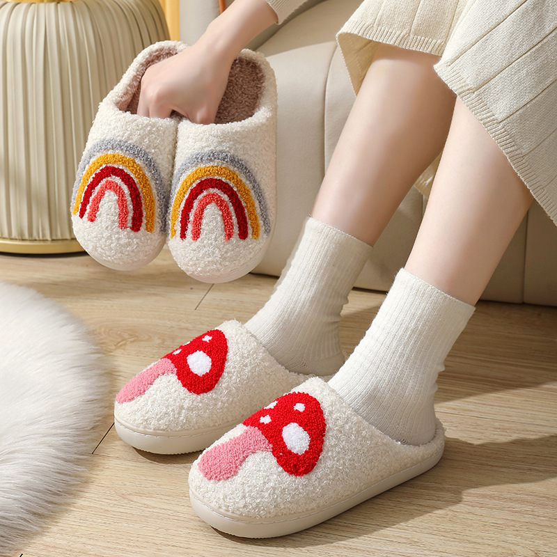 Designer Fashion Cartoon Pattern Slippers Women Plush Winter Comfortable Warm Flat Slipper Smiley Face Christmas Halloween Skull Ladies Classic Slippe