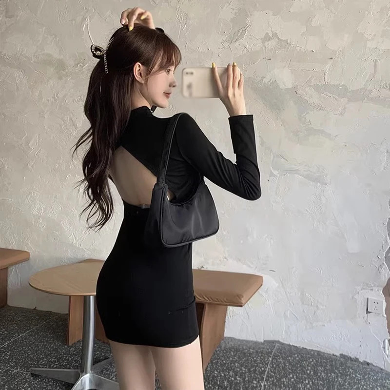 Spring Autumn Womens Bodycon Dress kpop Solid Colour Half High Collar Hollow out Backless Slim Sexy Long Sleeves Dress 240823