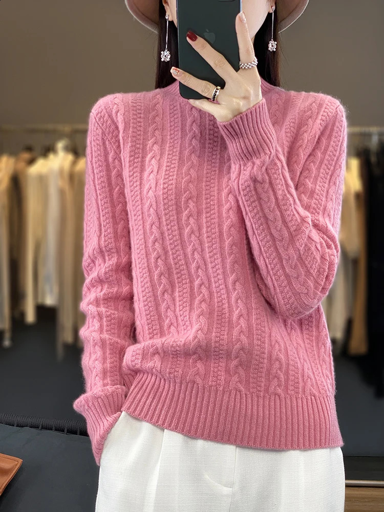 100% Wool Knitted Pullover Womens Semi-Turtleneck Long-sleeve Sweater Fashion Jacquard Warm Tops Thick Female Jacket Autumn 240824