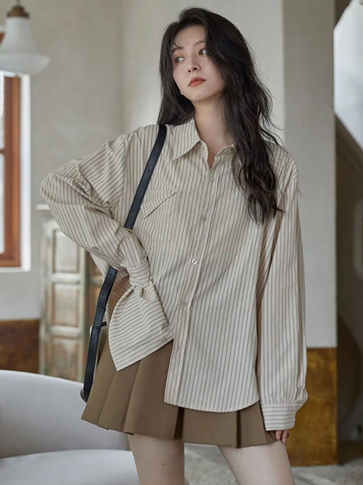 Zoki Women Sweet Elegant Striped Shirt Simple Vintage Loose Korean Blouse Harajuku All Match Long Sleeve Retro Female Tops 240823