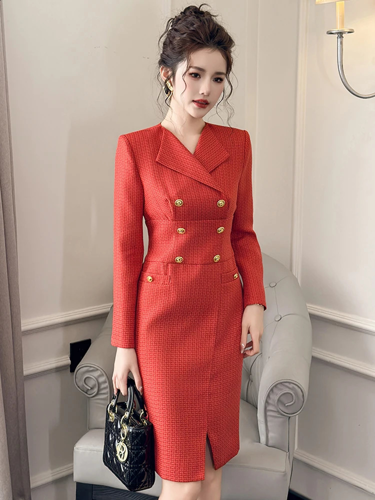 Quality Elegant Midi Dress for Women Business Red Tweed V-neck Double Breasted Long Sleeve Robe Office Lady Professional Vestido 240824