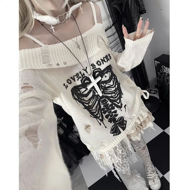 Deeptown Gothic Y2k Women Sweater Off Shoulder Pullovers Harajuku Anime Graphic Knitwear Hollow Out Kint Spring Oversize Jumper 240824