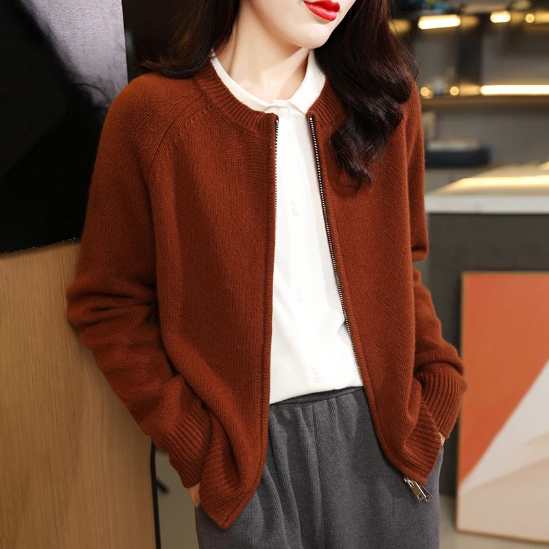 Womens cardigan autumn/winter casual knitwear 100% pure wool round neck jacket fit Tops Japanese/Korean style zipper Blouse 240824