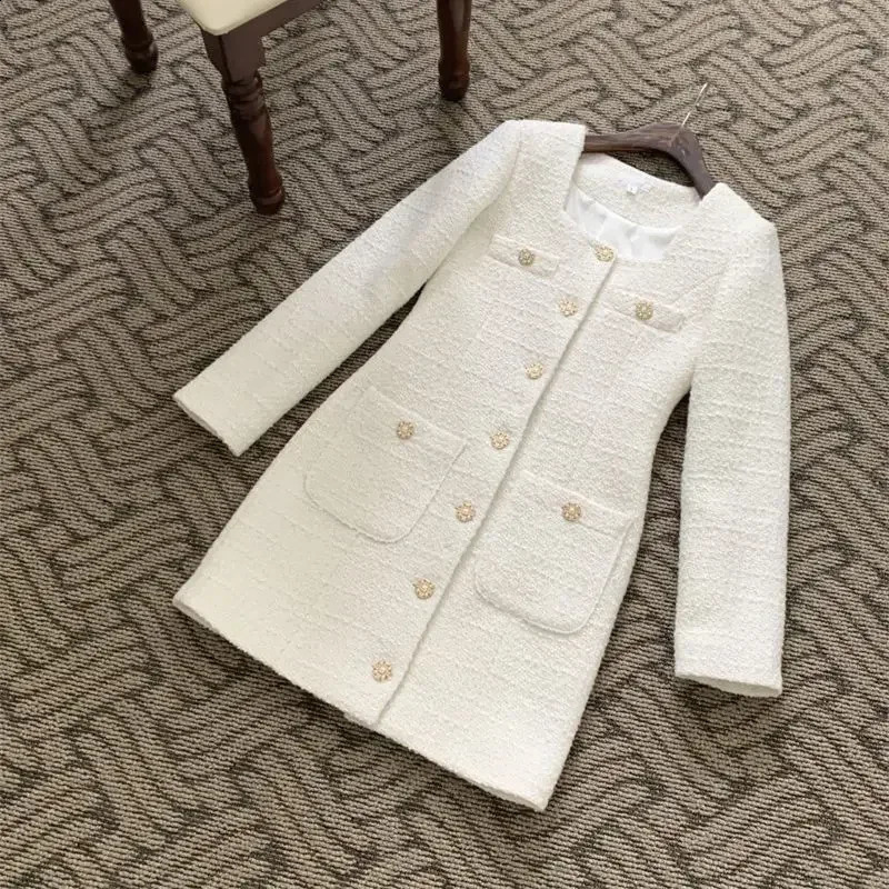Retro High Quality Elegant Tweed Dress Women Square Collar Long Sleeve Buttons Pocket Mini Party Dresses Korean Fashion Vestidos 240824