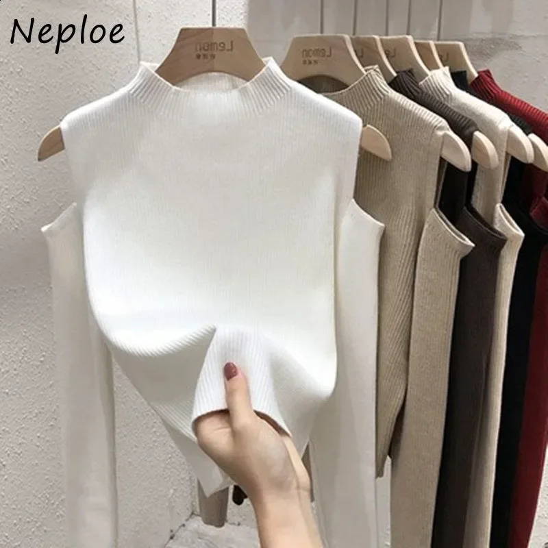 Fashion Off-the-shoulder Womens Pullover Tops Long-sleeve Autumn Bottoming Knitted Shirt Mock Neck Female Sweater 240824