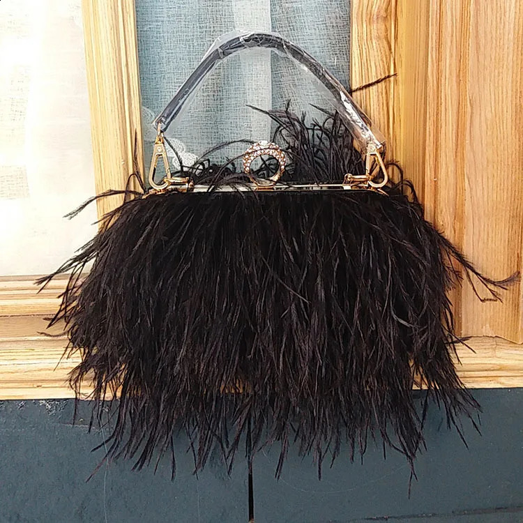Retro Fashion Ostrich Hair Feather Womens Evening Bags Autumn Winter Fashion Shoulder Chain Bags Clutches Party Handbag 240823