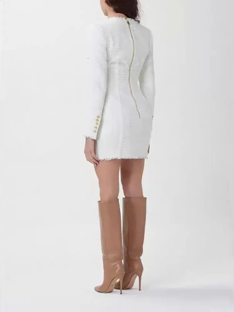 y2k Spring/Summer Tweed Whiskers Edge Long Sleeve Gold Button V Neck Womens dresseskorean fashion Slim Hip dresses for prom 240824