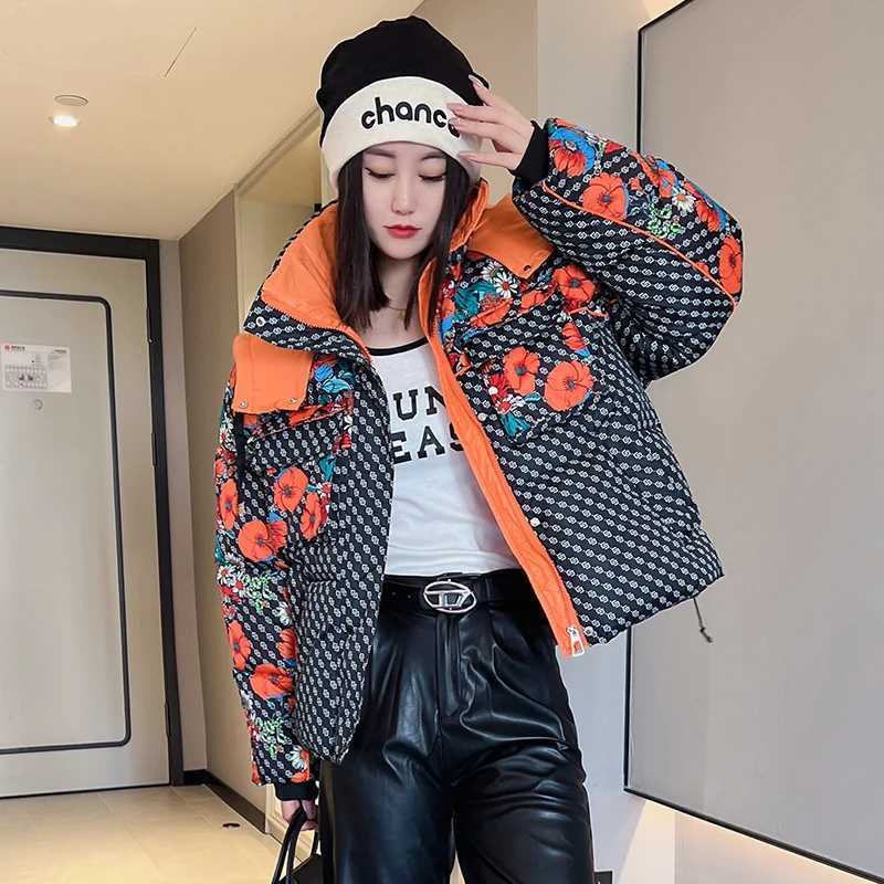 Women's Down Parkas Y2K Womens Coat Winter Printed Hooded Warm Womens Short Park Oversized Inflatable Jacket Womens Waterproof Jacket Strt Fashio