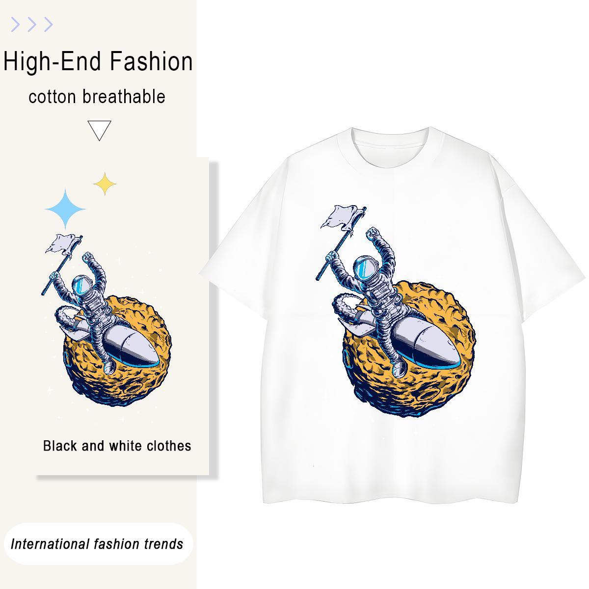 Popular Woman Tshirt 100% Cotton 230g cosmonaut Sports Street Wear Women T Shirts Short Sleeve O-Neck Cartoon Floral Printing Tees