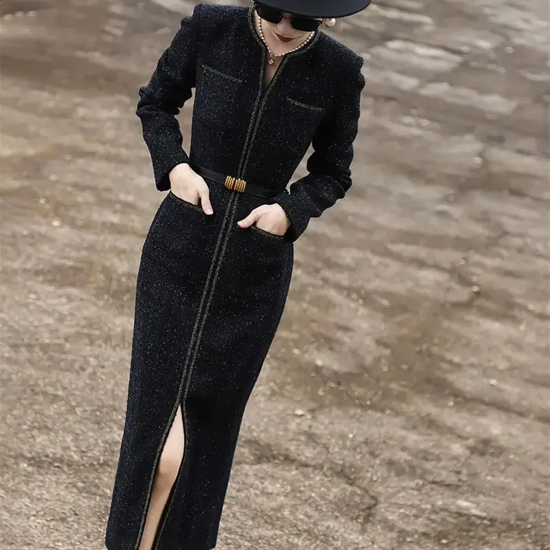 Autumn Winter Elegant Tweed Party Dress Fashion Bright Silk Split Midi Dress Women Long Sleeves Slim Celebrity Vestidos 189P 240824