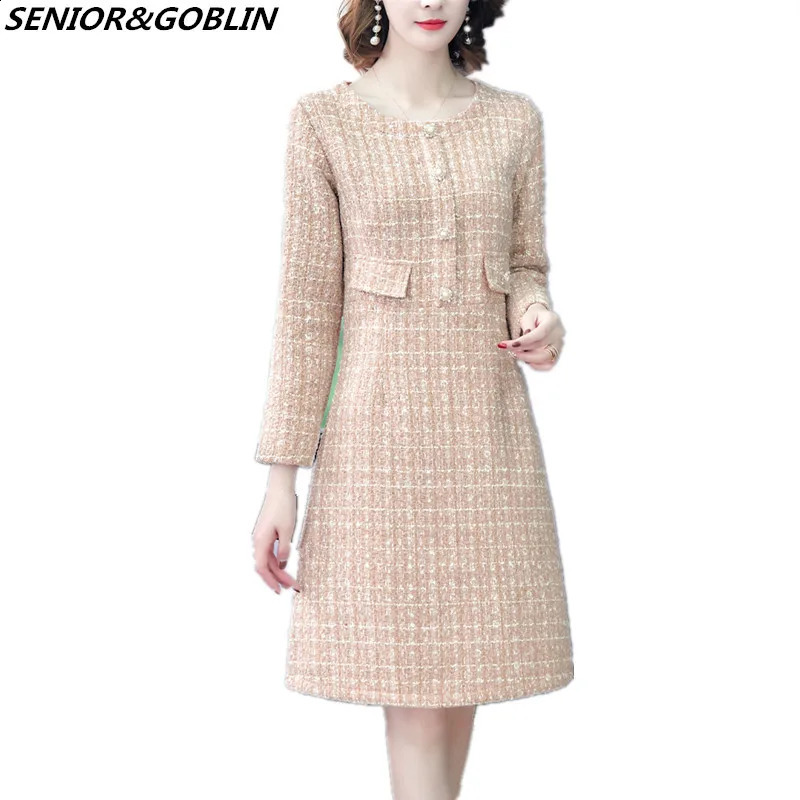 Arrival Autumn And Winter Runway Women Elegant Tweed Dress Round Neck Long Sleeve Female Fashion Chic Dresses Vestidos 240824